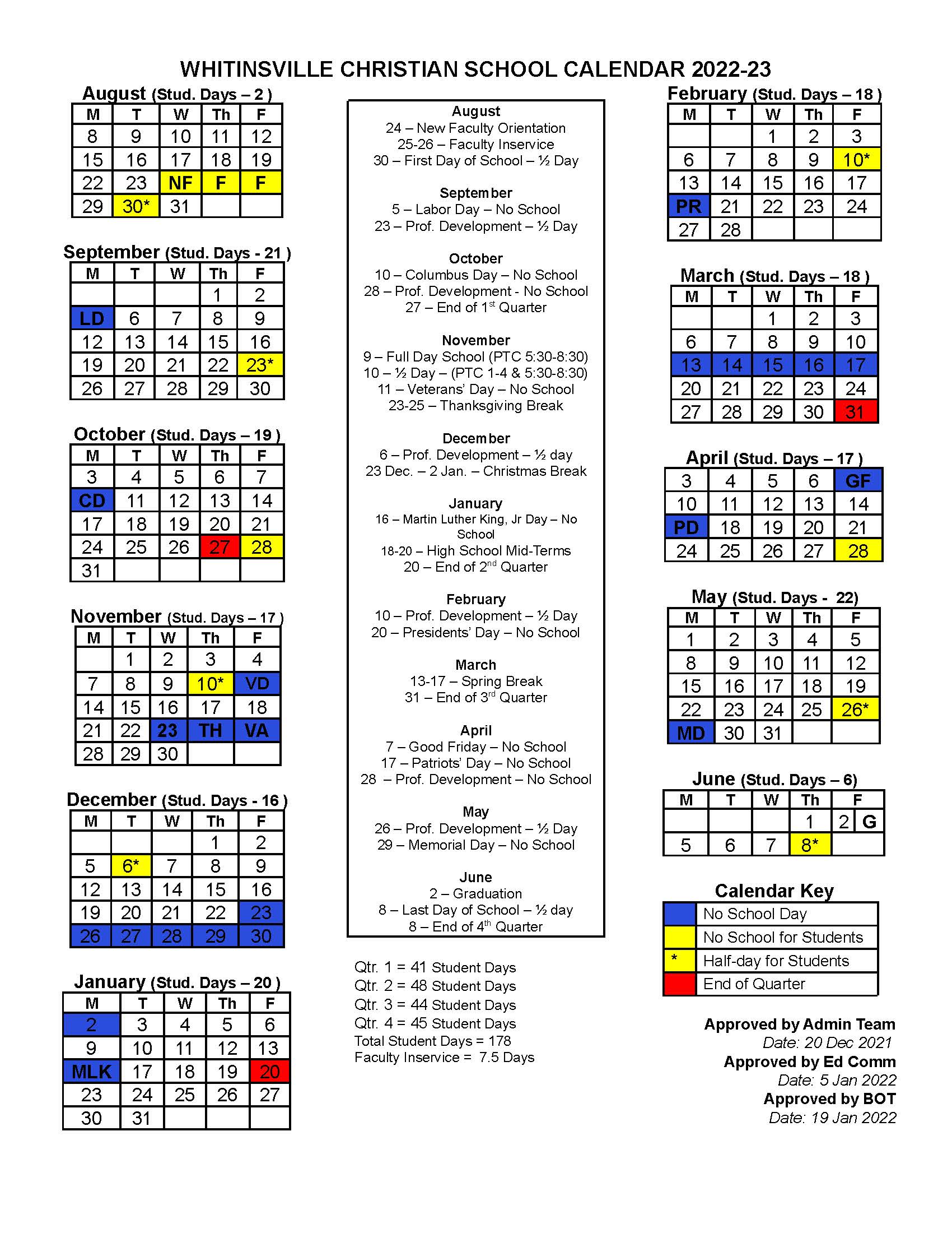 School Calendar WCS